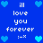 Blue background with white pixelated text reading "i'll love you forever" and ":-x", surrounded by light blue heart icons.