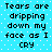 Pixelated text on a blue background with white dots, repeating 'Tears are dripping down my face as I CRY' in four identical sections.