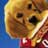 Pixelated 48x48 static icon showing a yellow-brown dog-like face with dark eyes and nose, partially visible red object below, blue background on left side.