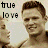 A 48x48 pixel animated contact sheet showing two identical frames of a shirtless man with short brown hair smiling, each frame containing "true love" text and a heart symbol on the right side.