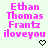 Pixelated pink text reads "Ethan Thomas Frantz iloveyou" on light green background with small black symbols below each instance.