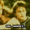 A four- shows a pixelated scene with two characters, one saying "UH, HARRY..." and the other responding "NO TOUCHY!" in bold text