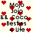 Pixelated icon with red hearts scattered across a light background, featuring repeated text elements including "Mojo Jojo," "Coco...", and "Besties 4 Life" in black pixel font.
