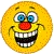 Four yellow circular icons with red noses, blue eyes, and varied facial expressions including wide smiles, tongue-out poses, and closed-eye grins on a gray background.