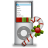 Pixelated icon of a white device with a screen showing blue and white bars, red and green horizontal stripes below, and a red-and-white striped object with green leaves attached to its side.