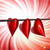 Three red heart shapes hang from a horizontal line against a pixelated red and white background.