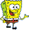 Pixelated yellow sponge character with green patches, white shirt, brown shorts, red tie, and black shoes in two sequential poses against gray background.