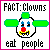 Pixel art clown face with green ears and hat, red nose, blue eyes, yellow mouth; text reads "FACT: Clowns eat people" on white background with pink border.