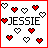 Pixel art icon with red border showing 'JESSIE' text and heart symbols in two variations.