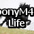 Pixelated black-and-white text 'ionyM4 Life' overlaid on a blurred grayscale figure with a light background and greenish lower section.