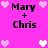 A static image with a bright pink background displays four identical text blocks reading "Mary + Chris" surrounded by pixelated hearts in white and light pink.