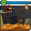 Pixel art scene showing Mario in mid-air with a cape, facing right, above a Goomba on brown terrain beneath a blue 'REVISED!' banner.