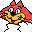 Pixelated cartoon character with red hair, yellow face, and white body against gray background