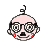 Pixelated cartoon face with glasses, pink cheeks, and a single black curl on top; left view shows closed mouth smile, right view shows tongue sticking out.