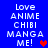 Blue background displays pixelated text 'Love ANIME CHIBI MANGA ME!' with a red heart, transitioning to a purple heart in later frames.