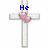Two white crosses with pink hearts on the horizontal arms, blue text above and below, and a gray rectangle on the right.