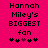 Pixelated text on bright pink background reads 'Hannah Miley's BIGGEST fan' with five heart symbols below, two versions differ in heart positions.