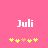Pixelated text 'Juli' on pink background with yellow and orange star-like shapes below, two identical frames showing static content.