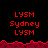 Red pixelated text 'LYSM', 'Sydney', and 'LYSM' repeated across a black background with red jagged borders.