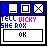 Static pixelated window with blue header showing minimize, maximize, and close icons, containing text prompts and an OK button.