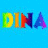 Four quadrants display text and a symbol: 'DINA' in rainbow letters on blue, 'LIZZY' in pastels on pink, 'BFFS 4EVER!' in dark blue on yellow, and a pink megaphone on green.