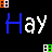 Pixelated text 'Hay' appears in multiple colors across a black background with small colored squares and gray shape.