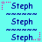 identical 'Steph' text icons with animated star and dot accents on a cyan background, each icon featuring blue pixelated lettering