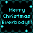 Pixelated holiday-themed icon with cyan text reading "Merry Christmas Everbody!!!" on a black background, surrounded by cyan star and diamond shapes.