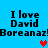 Blue background with repeated text "I love David" and "Boreanaz!" in black pixelated font, featuring red and purple heart icons.