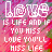 Pixelated text-based icon with 'LOVE' at top, repeated phrase below on pink and purple gradient background.
