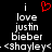 A black background displays white pixelated text reading 'i love justin bieber' with a red heart symbol above the first 'i', and '<shayley<' at the bottom.