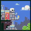 Pixel art icon depicting a skeletal tower with skulls, red banner featuring a question mark, and cityscape background under blue sky with clouds.