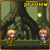 Pixel art preview of a game scene with two characters in forest, one holding green object; another shows grassy cliffside with red mushrooms and blue sky.