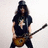 Pixelated image of a person with long hair wearing a dark shirt and jeans, holding a brown electric guitar against a white background with orange text elements.