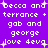 Purple background with white pixelated text reading "becca and terrance + gab and george love deva" repeated in a pattern, surrounded by small white star-like shapes