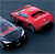 Pixelated image of two red vehicles on a dark blue background, one larger vehicle positioned behind a smaller vehicle with visible headlights.