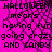 A static image with a bright pink background featuring black spiderweb patterns and bold text reading "HALLOWEEN means having fun going crazy AND CANDY" in pixelated font.