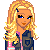 Pixel art avatar of a blonde woman with blue eyes, wearing a dark jacket over a pink shirt and flared pants, with 'Sexy Babe' text below.