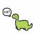 Green pixelated dinosaur with long neck and tail stands beside a circular speech bubble containing indistinct gray shapes.