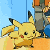 Pixelated yellow Pokémon with red cheeks and black-tipped ears in multiple poses including standing, smiling, and lying down against a blue sky and orange ground background.