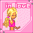 Pixel art of a blonde woman in a pink top with closed eyes and a tear, set against a pink dotted background with 'in love' text.