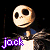 Pixelated character with skeletal face and blue collar, repeated in with purple text 'jack' and shifting purple squares