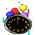 Animated contact sheet showing five sequential frames of a clock-themed buddy icon with colorful balloons and confetti, each frame displaying slight variations in balloon positions and scattered confetti elements against a white background.