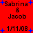 Red background with blue plus signs and black text reading 'Sabrina & Jacob' and '1M1/08' in multiple repeated arrangements.