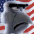 Four identical cartoon faces with stern expressions arranged in a 2x2 contact sheet against an American flag background, each face showing only the upper portion from forehead to chin.