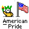 A 3x3 contact sheet of an animated AIM buddy icon showing a yellow stick figure with green hair holding a torch next to an American flag, displayed across eight sampled frames.