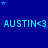 Blue background with light blue text repeating 'AUSTIN<3' across three , scattered small blue stars, and a gray rectangle in the bottom right corner