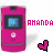 Two pink flip phones with blue screens, pixelated text reading 'AMANDA', and heart icons in different states.