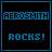 Pixelated blue text 'AEROSMITH' and 'ROCKS!' on black background with cyan border, showing animation variations across frames.