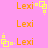 Pixelated orange text "Lexi" on pink background with yellow square-and-dot animation elements in four positions.